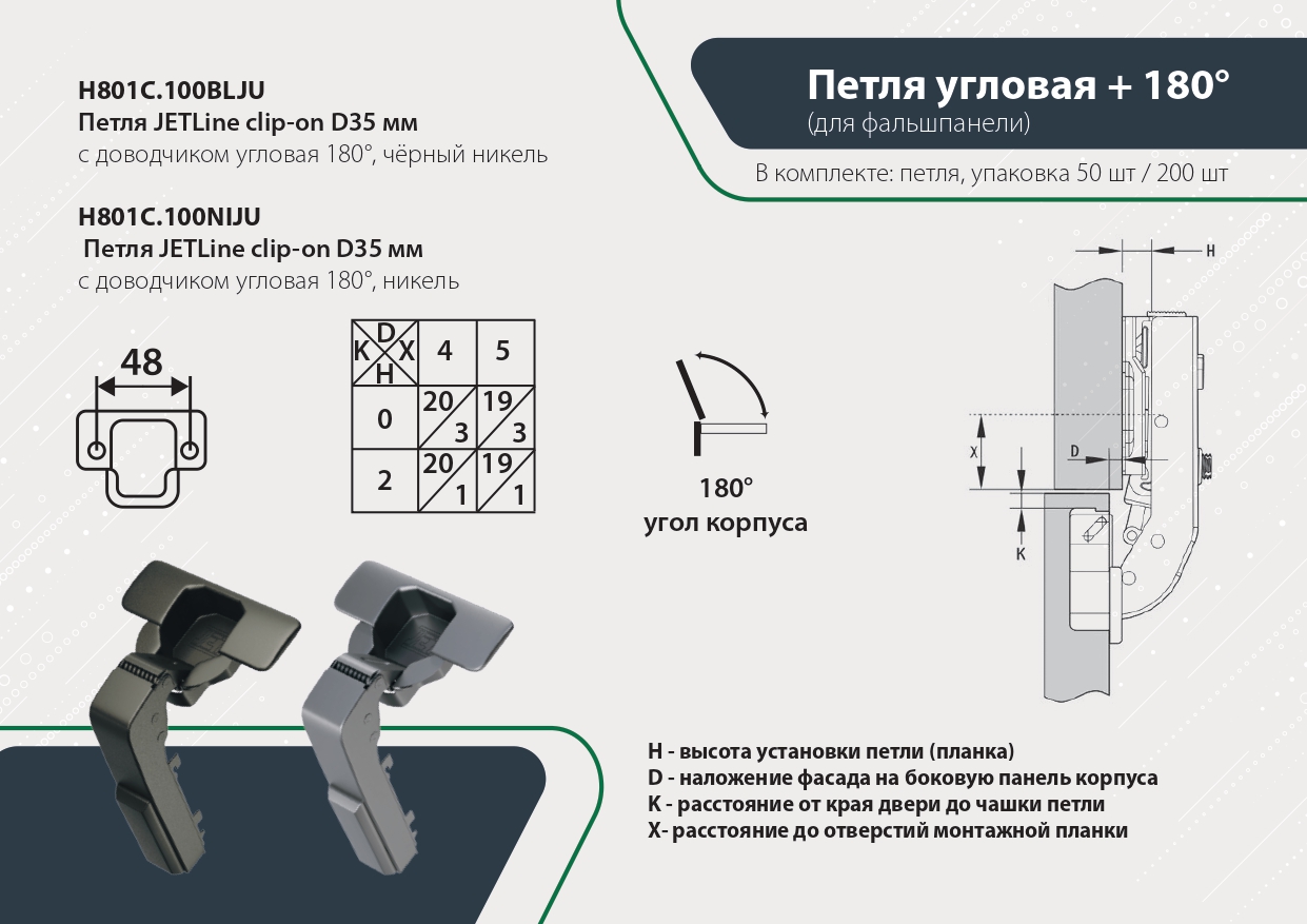Петли мебельные Петля JETLine clip-on D35мм с доводчиком угловая 180°, никель H801C.100NIJU