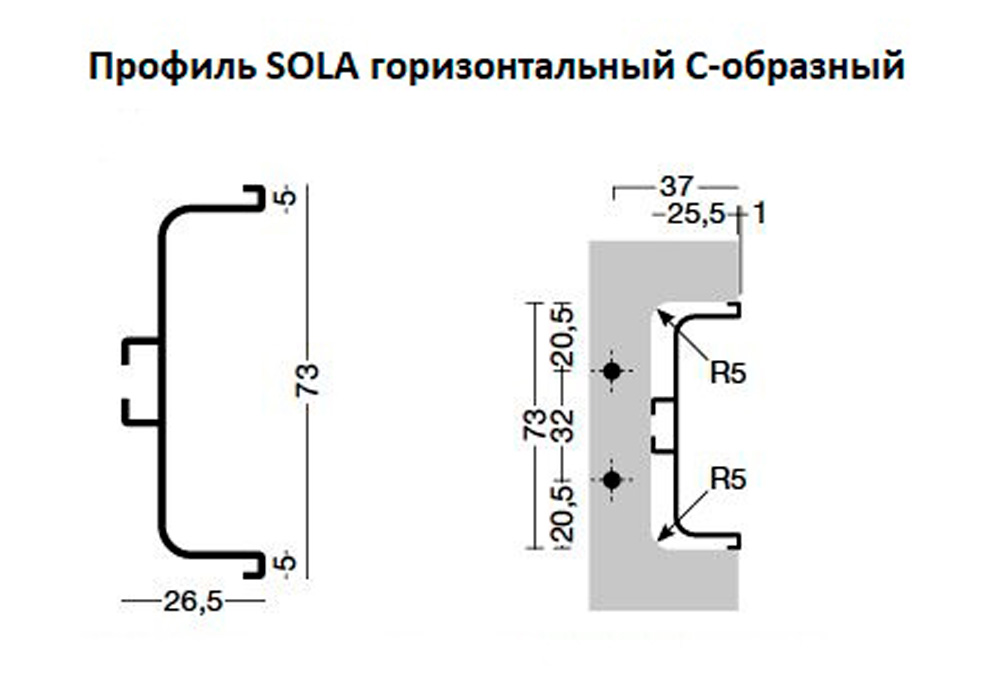 Алюминиевые профили для фасадов без ручек Профиль SOLA горизонтальный С-образный AI533L41GP L4100мм золото (1шт) AI533L41GPPC