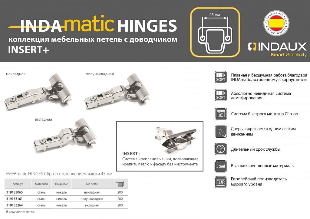 Петли мебельные Петля Indamatic hinges 110град. d35мм, С 45 мм, для полунакладных дверей clip-on INSERT+, никель 319133161