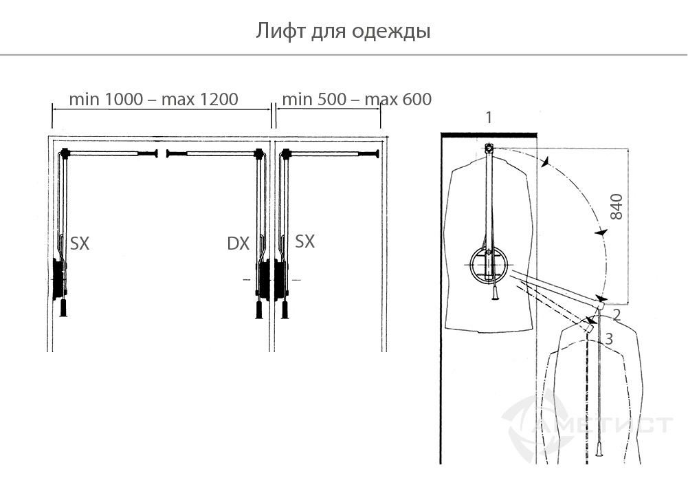 Пантографы для одежды Лифт 101 для одежды в шкаф правый,  серый