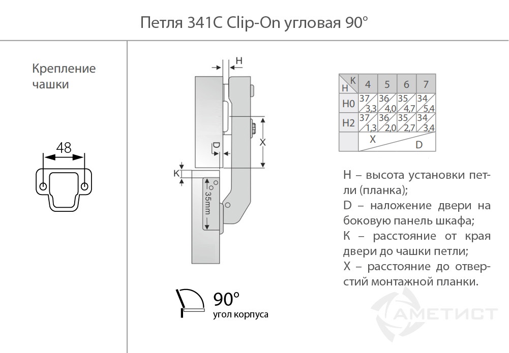 Петли мебельные Петля 341 Clip-On D35мм с доводчиком угл 180 град. HB341C.100NI
