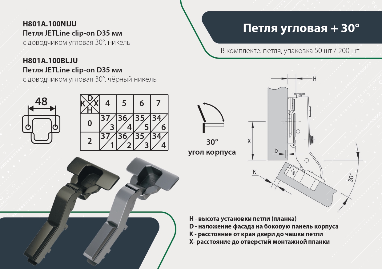 Петли мебельные Петля JETLine clip-on D35мм с доводчиком угловая 30°, чёрный никель H801A.100BLJU