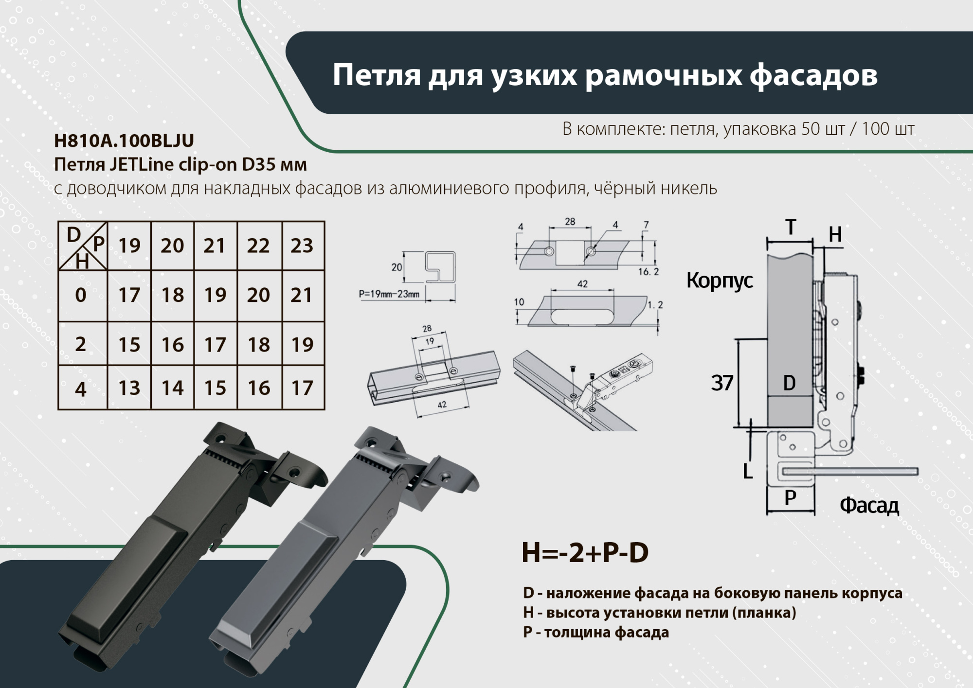 Петли мебельные Петля JETLine clip-on D35мм с доводчиком для накладных фасадов из алюм профиля, чёрный никель H810A.100BLJU